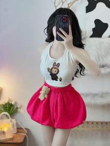 Set Bộ Áo Yếm LaBuBu Nâu Croptop Viền + Quần Short Bí Phồng 2 Lớp