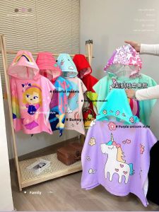 New Childrens Bathrobe Cape Hooded Ultrafine Fiber Bath Towel Swimsuit Beach Towel Overhead Wearable Cartoon Design Towel