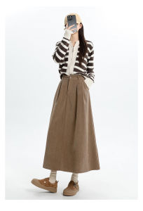 Khaki High Waist Midi Skirt Womens Autumn Winter plus Size Corduroy Pleated A-Line Umbrella Skirt Slimming Commute Style