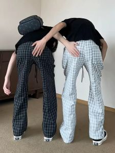 OUMULONG | Cool Summer Silk-Blend Check Casual Trousers
