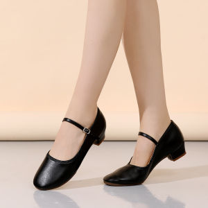 Genuine Leather Dance Shoes for Women with Medium Heel Practice Square Dancing Soft Bottom Social Dance Shoes Gold Color