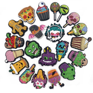 Cartoon 20pcs Halloween Horror Food PVC Shoe Charm Skeleton Ice Cream DIY Detachable Bubble Clog Decor Kids XMas Party Gift