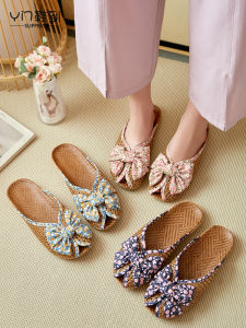 2024 New Summer Womens Wicker Cooling Mat Slippers Butterfly Knot Cool Indoor Linen Anti-slip Slip-On Home Slippers
