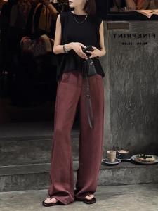 Fanni Zi ผู้หญิงแฟชั่นสไตล์ฮ่องกงเสื้อยืดชุดเอวสูงขากว้างกางเกงขายาวกระชับสัดส่วนไม่มีแขนสําหรับ 18-25 ปี