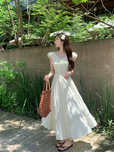 Xinlan Home Gentle Wind Solid Color Dress Slimming Waist Design Long Skirt New Arrival XS Size Korean Style Commute V-neck A-line Dress