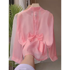 Áo Chống Nắng Mùa Hè Phong Cách Mới Rộng Rãi Mỏng Cổ Bướm Khoét Sâu Tay Dài Cổ Polo Màu Hồng Áo Sơ Mi Nữ