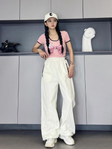 กางเกงทำงานทรงหลวมเอวยางยืดสีขาว ทรงหลวม ทรงหลวม ทรงยาวถึงพื้น ทรงหลวม กางเกงขายาวทรงหลวมสำหรับฤดูร้อน