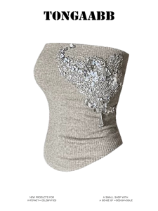 TONGAABB American Style Hot Girl Bead Crop Top Womens Spring Summer Knitted Tube Top Vest Handmade Bead Tight Waist