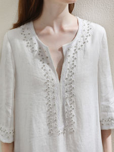 Miccbeirn | Elegant V-neck Embroidered Pure Linen Dress A-line Skirt Slimming Simple Match Over-knee Long Dress Luxury Commute Style