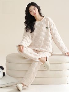 Miiow | Cat Person Sleepwear Autumn Winter Thickened Fleece Flannel Skin-friendly Warm Home Clothes Set Womens Long Sleeve Round Neck