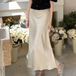 High Waisted Satin Fishtail Skirt for Women Summer New Solid Color Temperament Silky Versatile Mid Length Skirt