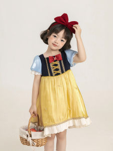 YOEHYAUL | New Court Princess Style Girls Dress Color Blocking Puff Sleeve Lace Trim