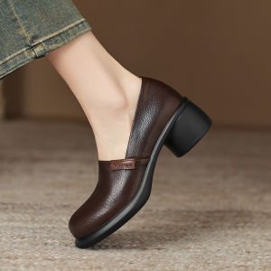 French Vintage Genuine Leather Slip-On round Toe Loafers Womens Spring Autumn Thick Heel Heightening Lazy Peoples Small Leather Shoes