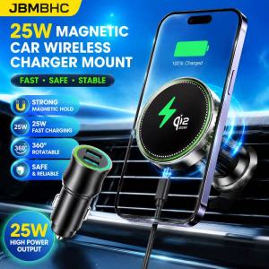JBMBHC 25W Mag-Safe Car Mount Wireless Charger QI2.2 Fast Charge Cooling Fan Atmosphere Light Auto Phone Holder For iPhone Samsung Huawei QC3.0 PD Adapter Required Black