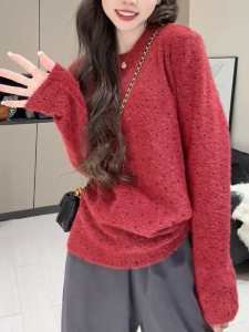 QINGNAER | Minimalist Fashionable Youthful Red Round Neck Knitwear