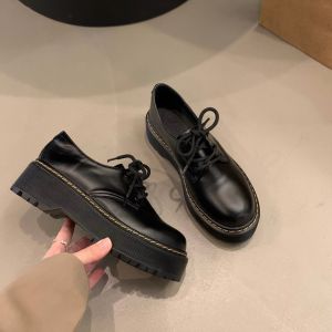 Trendy Genuine Leather Slip-On Shoes for Women Spring Autumn round Toe Thick Bottom Lace-Up Versatile Loafers British Style Black