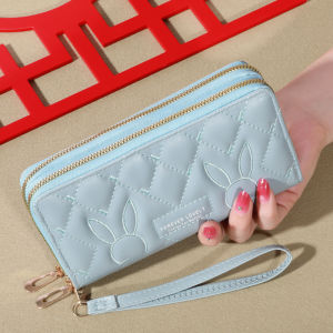 Trendy Solid Color Long Wallet Double Zippers Clutch Coin Purse Womens Faux Leather Card Holder With Wristband
