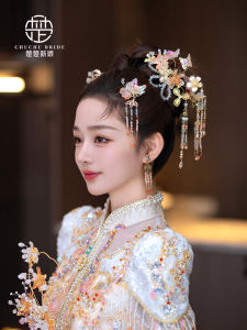 เครื่องประดับผมสไตล์จีนโบราณสำหรับเจ้าสาว ชุดตกแต่งผมลายมังกรและนางฟ้าสีแดง ชุดแต่งงาน ชุดฮู้ดโบราณ มงกุฎนางฟ้า