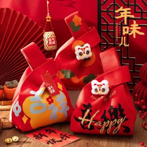 Red Knitted Handbag Wrist Bag for New Year Snake Year Spring Festival Gift Bag Soft Polyester Casual Fashion Handbag