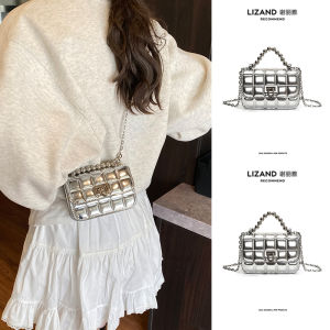 Summer Silver Mini Crossbody Bag Womens Trendy Chain Square Bag Simple High-End Feeling Single Shoulder Handbag for Youth