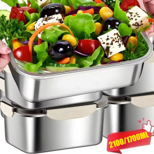 1700ml/2100ml Stainless Steel Crisper Camping Lunch Box Portable Sealed Leak-proof Bento Box Large Capacity Picnic Salad Bowl