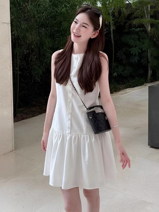 XUECAIQI | Sleeveless Short White Dress for Petite Women Summer Holiday Wear