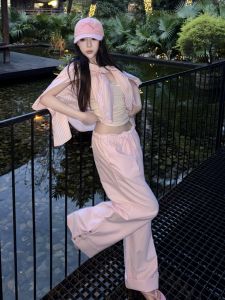 Quần Ống Rộng Họa Tiết Sọc Dọc Màu Hồng Ngọt Ngào Dành Cho Nữ Quần Dài Thường Ngày Mùa Hè 2025 Quần Dài Thoải Mái