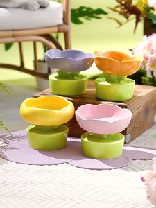 Flower Cat Bowl Ceramic Anti-Tipping Food Dog High Bowl Large Pot Bowl Petal
