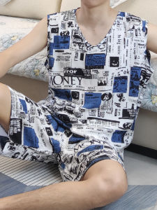 Áo Ngủ Nam Mùa Hè Mỏng Không Tay Áo Vest Họa Tiết Hoạt Hình Quần Short Rộng Rãi Thoải Mái Mặc Nhà Bằng Vải Lụa Cotton