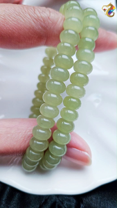 Premium Grade Natural Serpentine Jade Abacus Rondelle Bracelet (Icy Green Apple / Icy Peach Apricot)