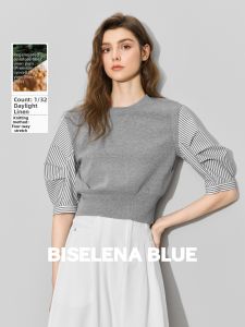 BEIQIANI | Short Round Neck Patchwork Stripe Designer Sweater for Women