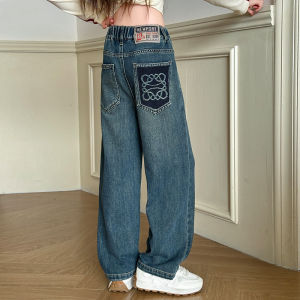 กางเกงขายาวทรงหลวมเอวสูงผ้าเดนิมสำหรับเด็กผู้หญิง ฤดูใบไม้ผลิและฤดูใบไม้ร่วง กางเกงขายาวลำลองสำหรับเด็กผู้หญิง แฟชั่นฤดูใบไม้ร่วง