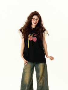 Summer Womens T-shirt Lace Splicing Short Sleeve Print Flounce Sleeve Versatile Top Commute Style Regular Length Casual Fit