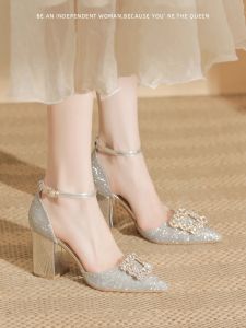 French Style High Heels Sandals Women 2024 New Thick Heel Match Skirt Single Shoes Beautiful Silver Wedding Shoes Not Tired Feet