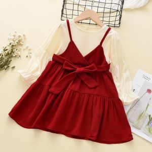 Bear Leader Kids Round Neck Fake Two-piece Patchwork Christmas Dress Korean Long Sleeved Tie Baby Girls Clothes 2-7 Years Spring and Autumn Childrens Casual Wear