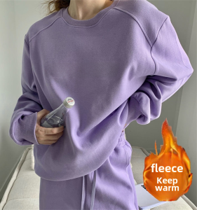 Purple Casual Sports Suit for Women Fashionable Streetwear for Fall and Winter Thickened Fleece Two-Piece Set Ideal for Petite Figures