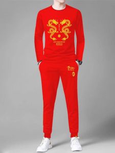 Red Zodiac Year Mens Set Velvet Inner Wear Autumn Clothes 2024 Dragon Year Festive Warmth Casual Sportswear Long Sleeve T-shirt