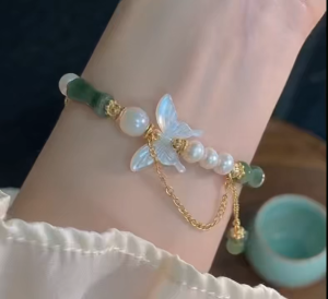 Viviann Original sterling silver New Chinese Style Bamboo Knot Butterfly Small Flower Jade Bracelet Green Beaded Charm Bracelets Jade Bamboo Joint Bracelet for Women Romantic Fashion Beaded Flower Bracelet Girls Jewelry Gift
