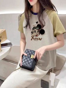 Pure Cotton Summer Loose Slim Fit Short Sleeve T-Shirt Shoulder Insert Design Casual Style Color Block Top for Women