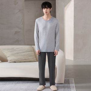 MiiOW | Mens Casual Sleepwear Long Sleeve Long Pants Thin Autumn Spring Home Clothes Set MiiOW Cat Person Round Neck Solid Color