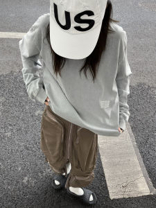 Aboutkeke Washed Vintage Long Sleeve T-Shirt Letter Print Street Style Casual Base Shirt for Women Cotton Straight Cut Fit