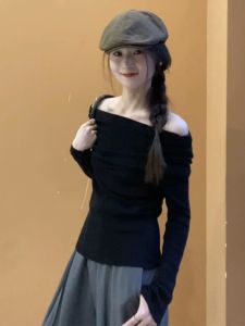 BINKAFENNY | เสื้อสเวตเตอร์ถักแขนยาวสีดำ ทรงเข้ารูป สำหรับผู้หญิง ฤดูใบไม้ร่วง เสื้อชั้นใน ปกโปโล แฟชั่นสตรีท คอวี แขนยาว