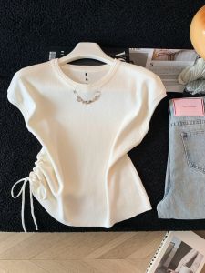 Áo Thun Tay Ngắn Ôm Body Cổ Tròn Xẻ Rỗng Túi Dây Ép Eo