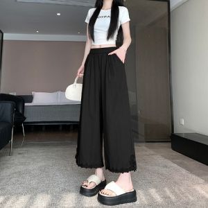 Quần Dài Chín Phân Chất Liệu Voan eo Cao Dáng Rộng Form Rộng Có Viền Ren Phù Hợp Với Người Mập