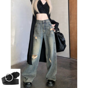สูง เอว ขาตรง สาม ลายทาง กางเกงยีนส์ ผู้หญิง ฤดูร้อน สาวฮอต ดีไซน์ ลำลอง ขากว้าง กางเกงขายาว เดนิม สีน้ําเงิน ทนต่อการสึกหรอ