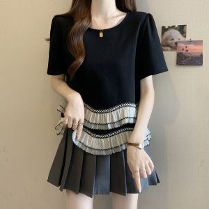 plus Size Womens T-Shirt Loose Short Sleeve round Neck Princess Style Sweet Flavor Summer Slimming Top with Gathers