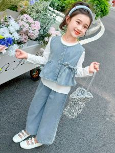 Bộ Đồ Denim Mùa Xuân Thu Cho Bé Gái Bộ Ba Mảnh Thời Trang Thường Ngày Cho Trẻ Em Bé Gái Mặc Bên Trong Bộ Đồ Trẻ Em