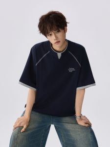 OULUDE | Pseudo Two-Piece Contrast Stitch T-Shirt Mens Casual
