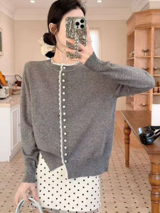 Elegant Lace Trim Knitted Cardigan Sweater Thin Outerwear Women Spring Autumn New Style Age Reducing round Neck Long Sleeve Top