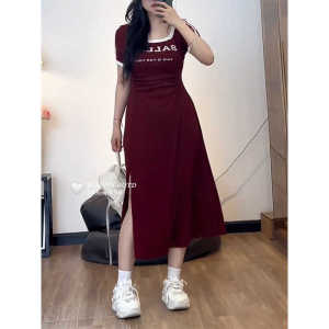 Plus Size Slightly Oversized Girls Hot American Square Collar Sports Style Dress Womens Summer Retro Contrast Color Split Waist Dress